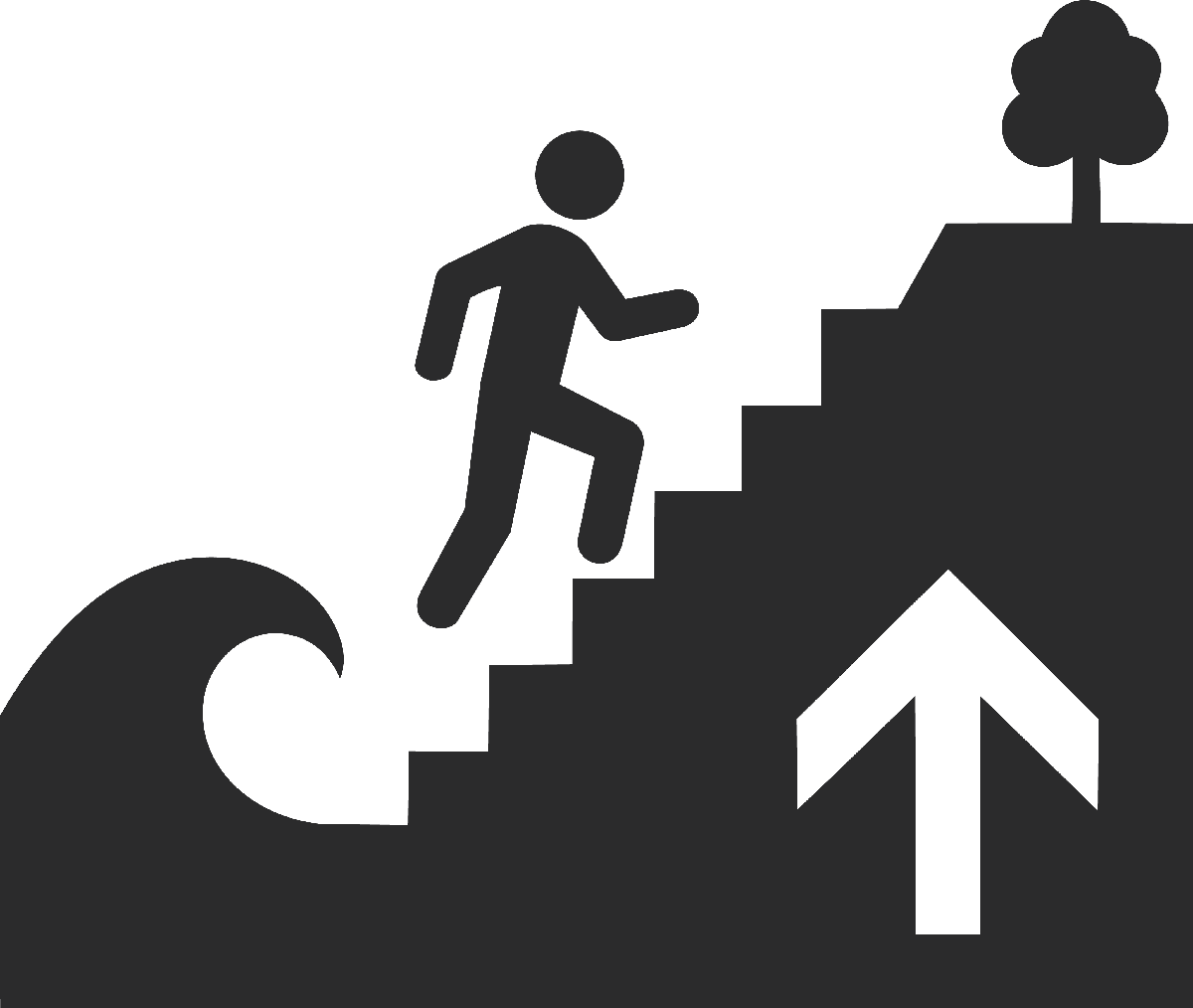 The final replacement pictogram: figure ascending stairs away from a wave toward a tree, with an upward arrow